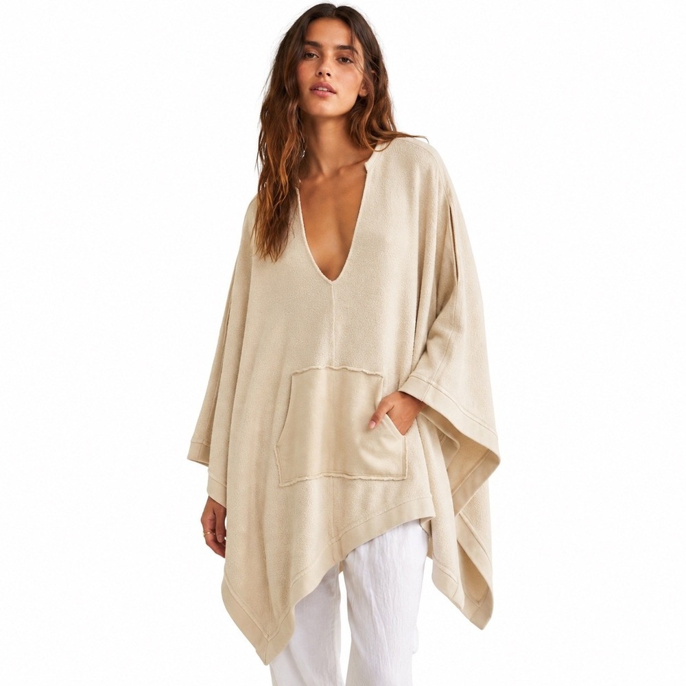 Free People Beach Knit Poncho Women XS/S Cream V-Neck Textured Oversized Cozy